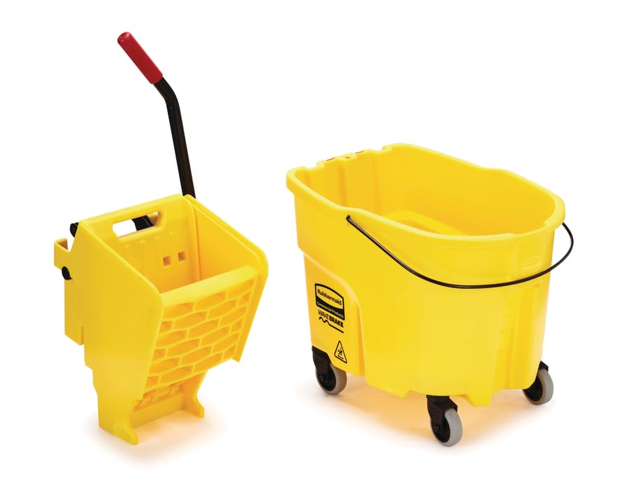 Rubbermaid Commercial Products WaveBrake 35 Qt. Side-Press Mop Bucket and Wringer Combo on Wheels Yellow for Professional/Industrial/Business Heavy-Duty Floor Cleaning/Mopping
