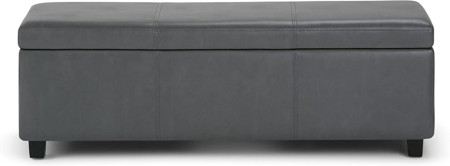 SIMPLIHOME Avalon 48 inch Wide Contemporary Rectangle Storage Ottoman Bench in Stone Grey Vegan Faux Leather, Assembled, For the Living Room, Entryway and Family Room