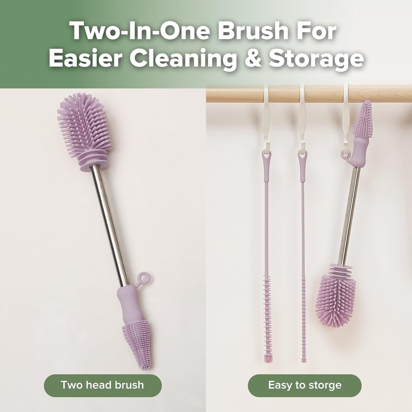 haakaa Silicone Cleaning Brush Kit - Baby Bottle Brush Cleaner for Breast Pump,Nipple,Breast Milk Storage Bag,Reusable Straw,Sippy Cup - Food Grade Silicone Bristles, Portable - 3 Pcs - Lavender