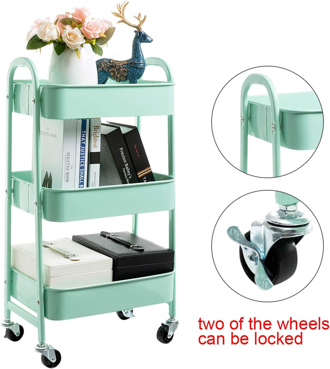 AGTEK Makeup Cart, Movable Rolling Organizer Cart, Macaron Blue 3 Tier Metal Utility Cart
