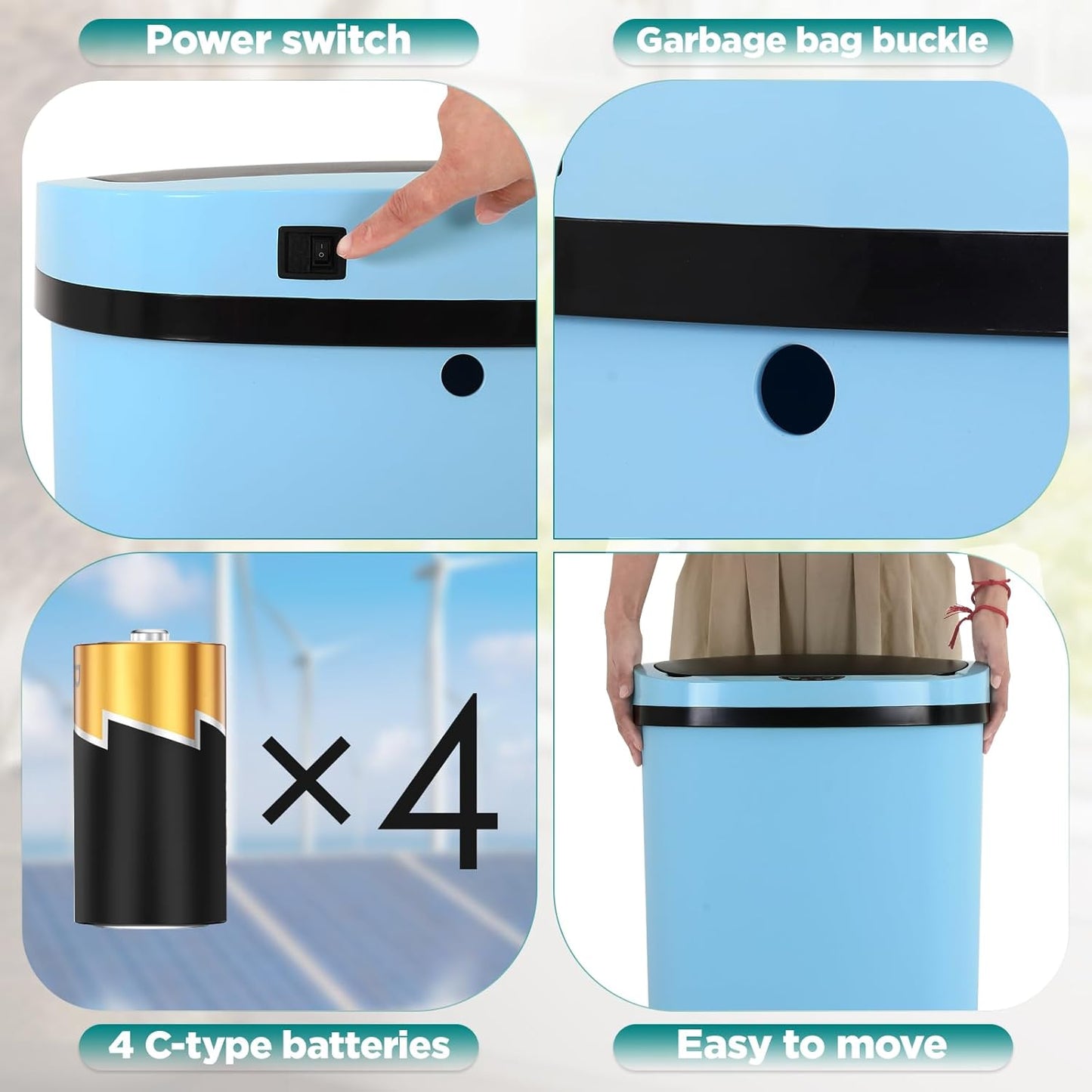 Automatic Motion Sensor Bathroom Trash Can with Lid, 13 Gallon Touchless Trash Bin, Smart Dog Proof Garbage Can, Touch Free Waste Basket for Toilet, Office, Bedroom,Blue