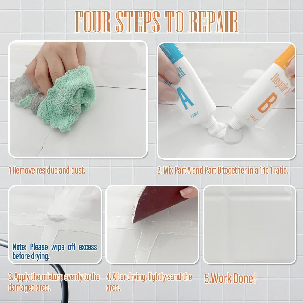 Porcelain Repair Kit White, Sink & Tub Repair Kit to Quickly Fix Tub Chips and Sink Cracks with High Bond Strength, Porcelain Sink Repair Kit for Tub, Tile, Sink and Toilet(Ivory White)