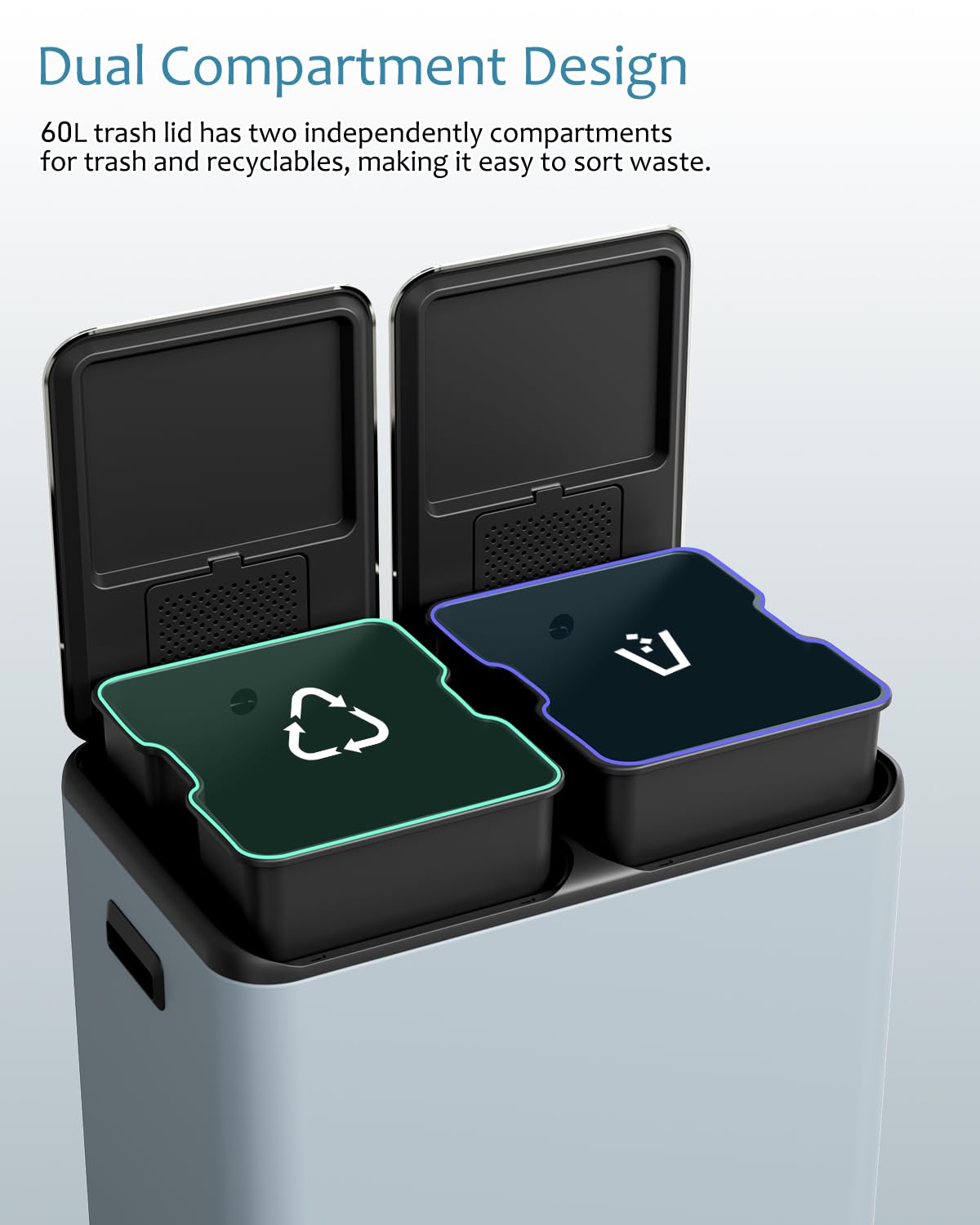 16 Gal (2 x 30 L) Dual Trash Can, Stainless Steel Kitchen Garbage Bin, Recycle Dustbin with Odor Control Box, Soft-Close Lid, Inner Buckets, Side Handle, Step Pedal, for Home Office