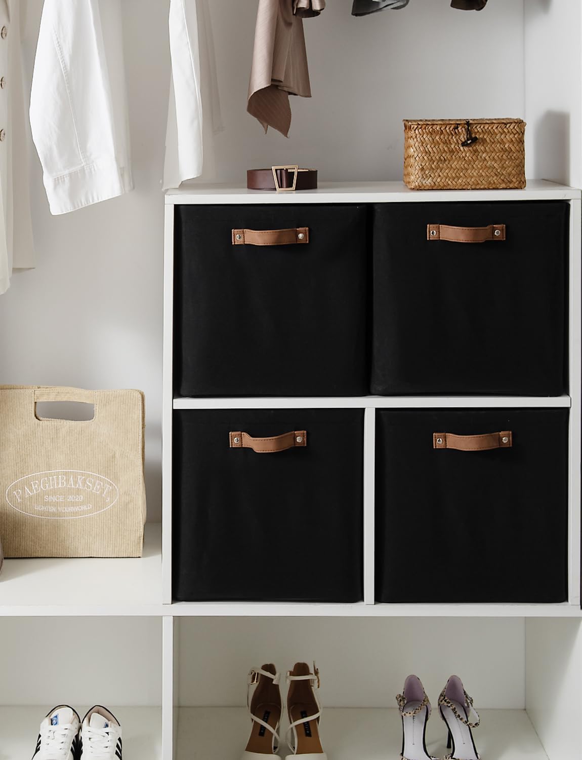 StorageWorks 13x13 Inches Storage Cube, Fabric Storage Bins with PU Handles, Collapsible Organizer Baskets for Closet, Black, 4-Pack