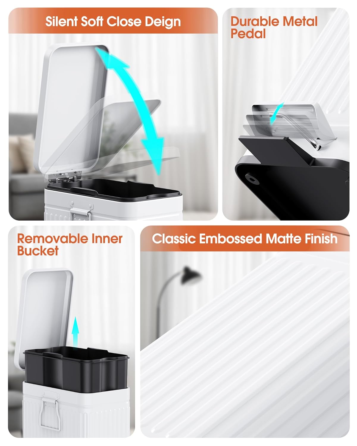 Small Trash Can with Lid Soft Close-10L/2.6 Gal Stainless Steel Outdoor Dog Poop Garbage Can-Metal Waste Bins with Pedal for Bathroom Bedroom Office-White