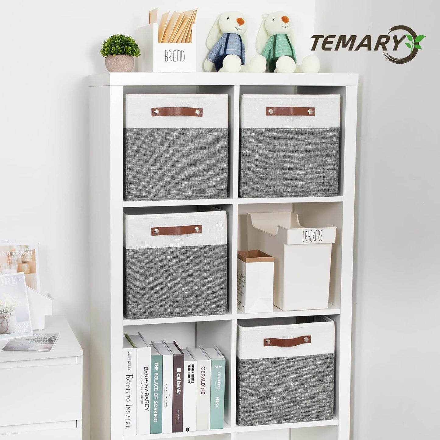 Temary Storage Cubes 12ラ12 Fabric Cube Storage Bins Foldable Storage Baskets with Handles, Decorative Storage Boxes for Organizing, Home, Office, Nursery, Shelf, Closet (White & Grey, 12 x 12 x 12)