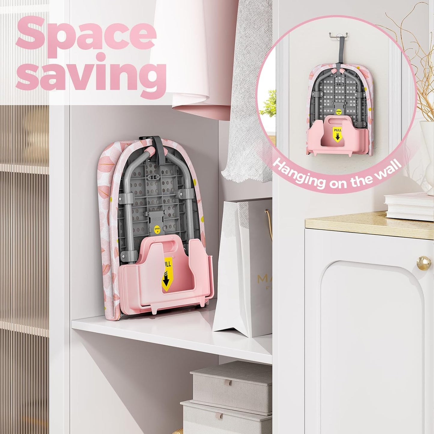 APEXCHASER Small Ironing Board with Iron Holder, Compact Iron Board with Non-Slip Feet, Portable Tabletop Ironing Board with Cotton Cover for Small Spaces and Travel, Pink