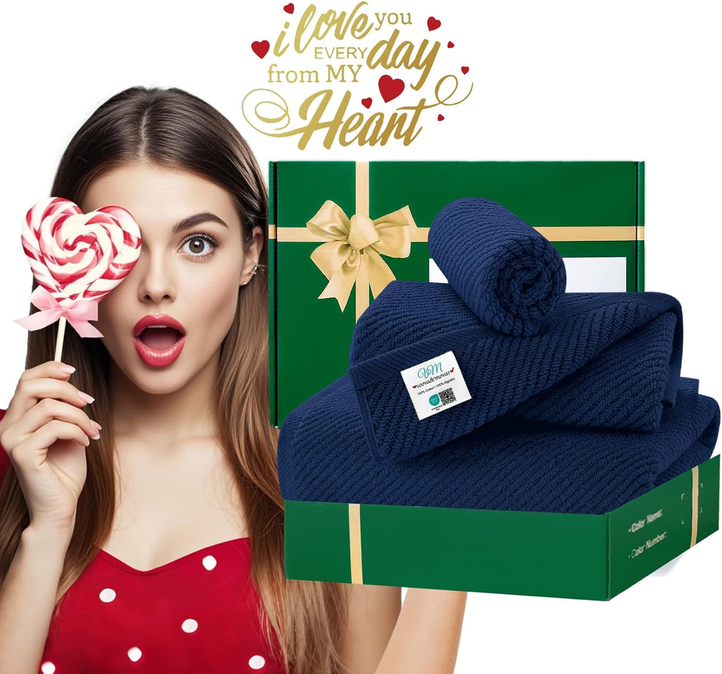 Blue Towels Set for Bathroom, Luxury 3 Piece Gift set, 100% Cotton | Quick Dry | Soft | Thick, 1 Large Bath 30" x 56", 1 Hand 18" x 28", 1 Wash Cloth 13" x 13", Bathroom Essentials, Navy