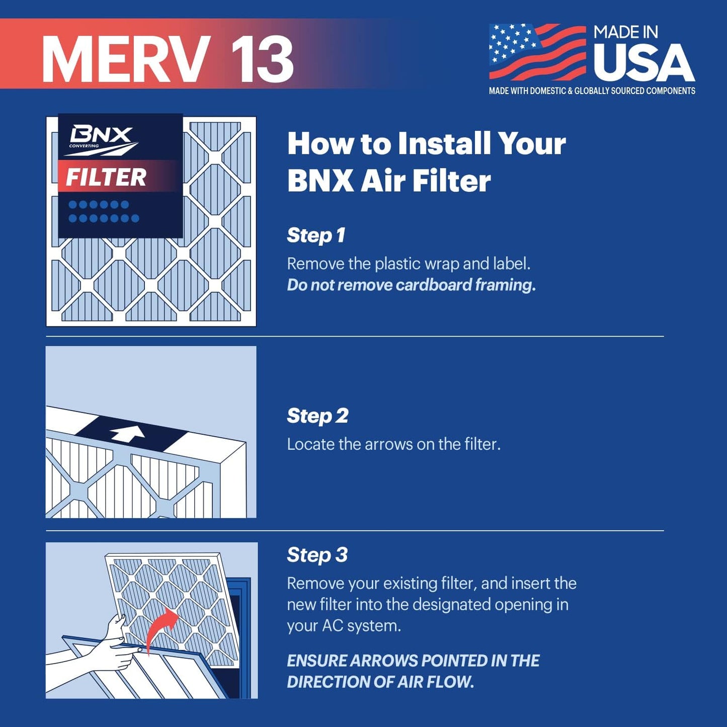 BNX TruFilter 16x24x1 Air Filter MERV 13 (4-Pack) - MADE IN USA - Electrostatic Pleated Air Conditioner HVAC AC Furnace Filters for Allergies, Pollen, Mold, Bacteria, Smoke, Allergen, MPR 1900 FPR 10