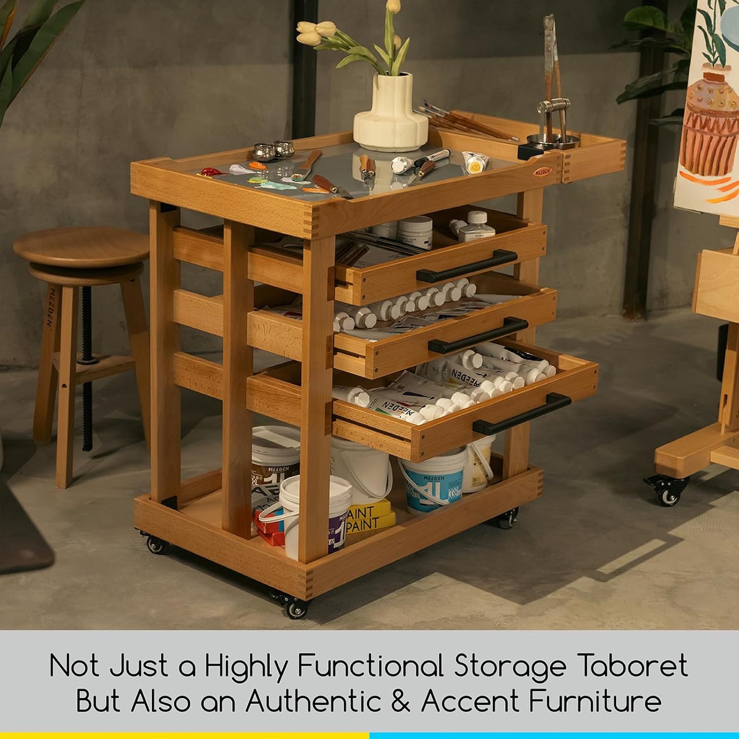 MEEDEN Art Supplies Storage Cart: 5-Tier Solid Beech Wood Utility Rolling Cart with 3 Drawers - Craft Orgnizer on 4 Wheels