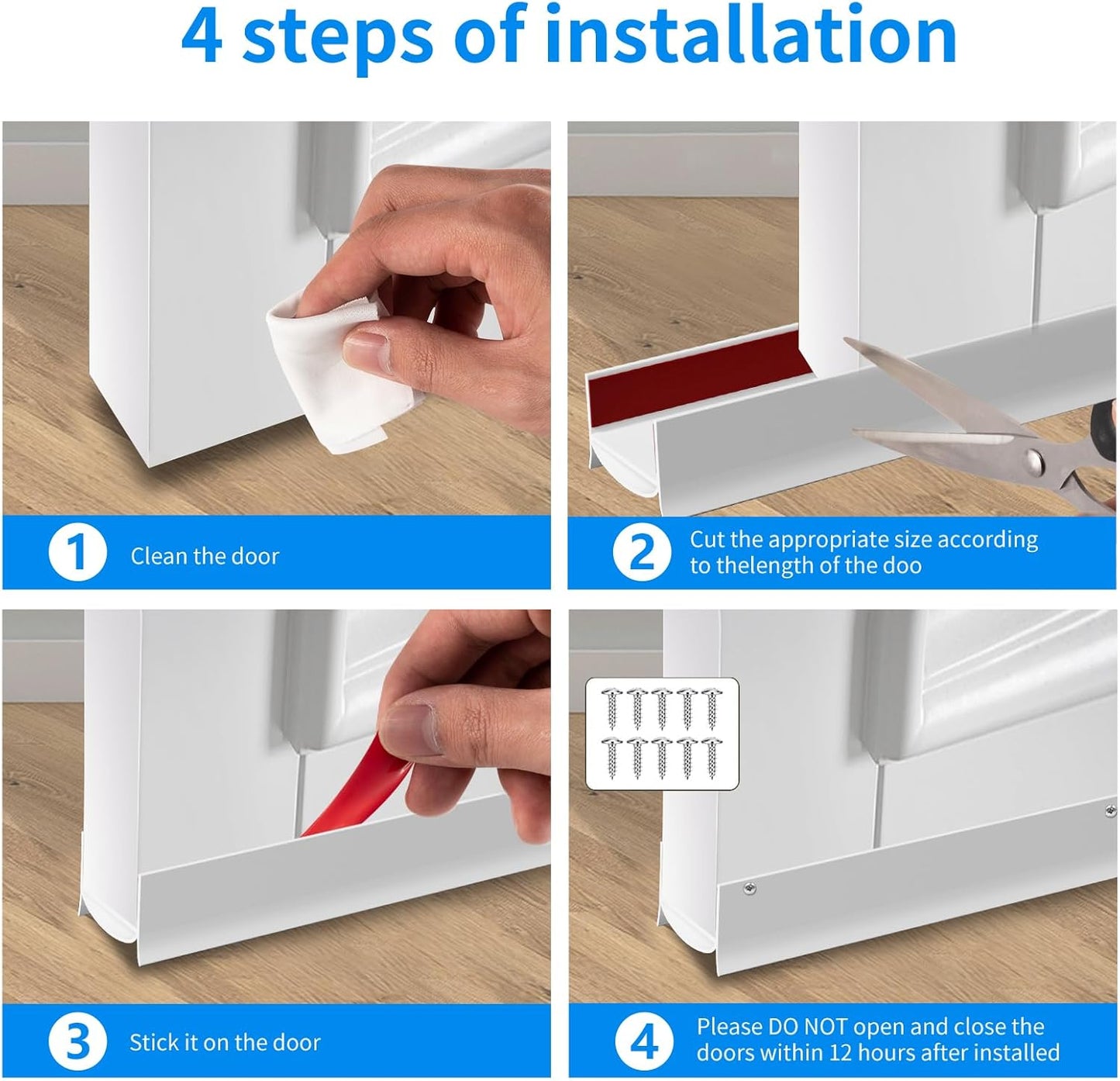 Door Draft Stopper, Strong Adhesive Door Sweep for Exterior and Interior Doors, 39” Length Cuttable Under Door Seal. (White, 2 Pack)