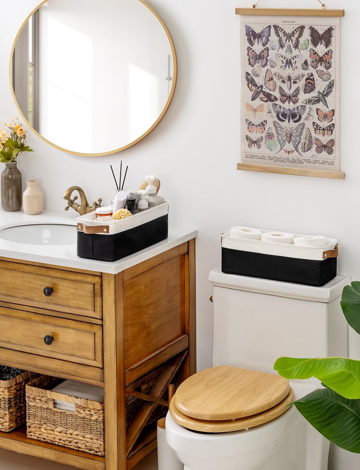 StorageWorks Narrow Storage Bins, Small Basket for Closet and Shelves, Fabric Organizer with Handles, Toilet Paper Storage, Black and White, 2-Pack