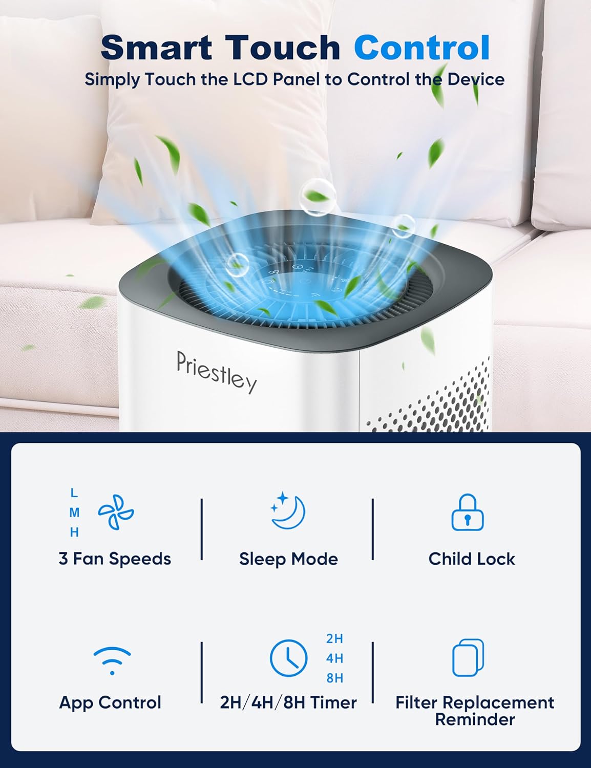 Priestley Air Purifier for Bedroom, Home, Dorm Up to 1100Ft², Smart WiFi Air Purifiers, 3-in-1 Air Filter with HEPA Sleep Mode, Remove Dust Smoke Pollutants Odor Pet Dander