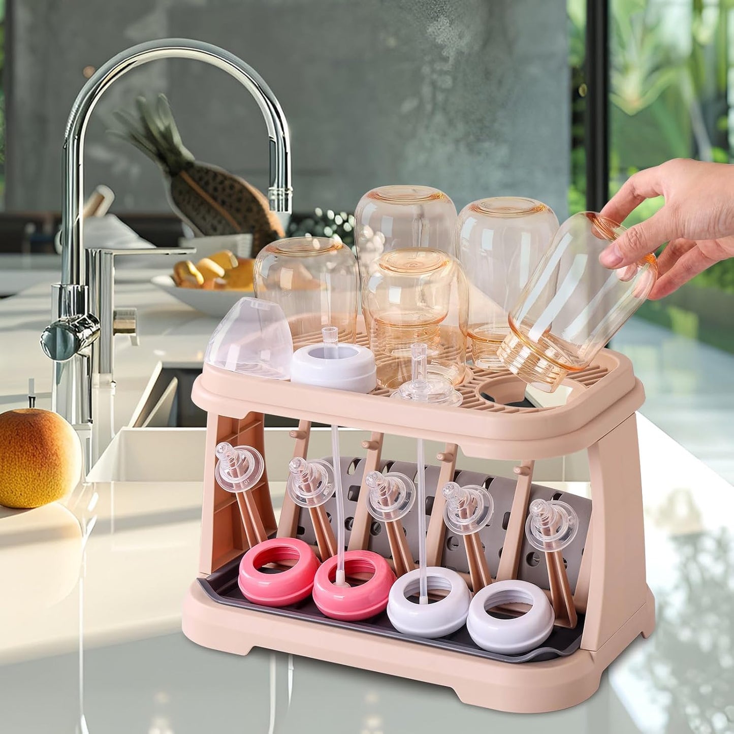 Baby Bottle Drying Rack:Space Saving Standing Drying Rack for Baby Bottles and Pump Part Cleaning,be Equipped with Bottle Brush(Pink Lotus Root)