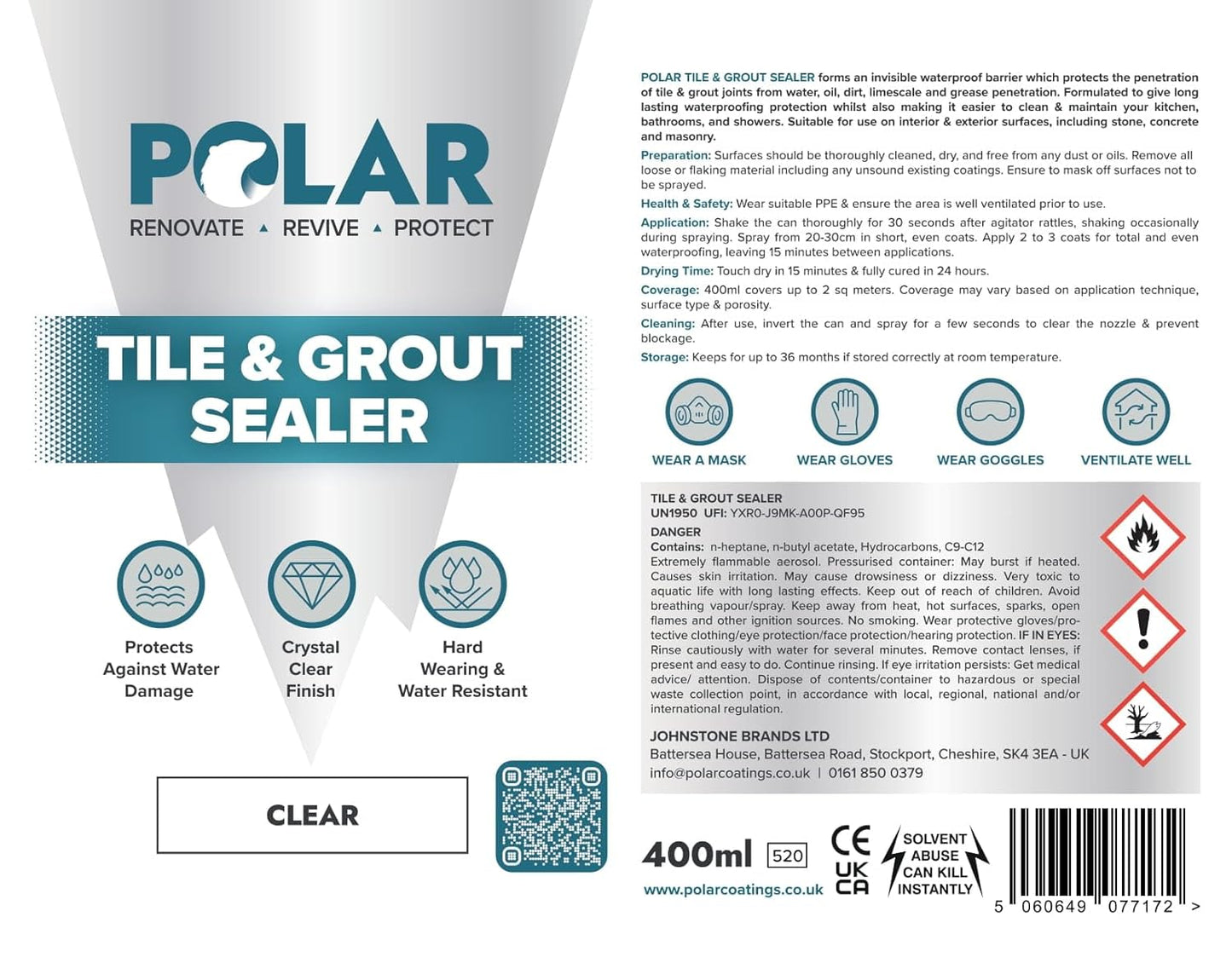 Polar Tile & Grout Sealer Clear Aerosol Spray - 1 x 13.5 Fl Oz | Instantly Waterproofs and Protects Floor Tile Grout | Ideal for Bathroom, Shower & Kitchen | Interior & Exterior Tile Sealer