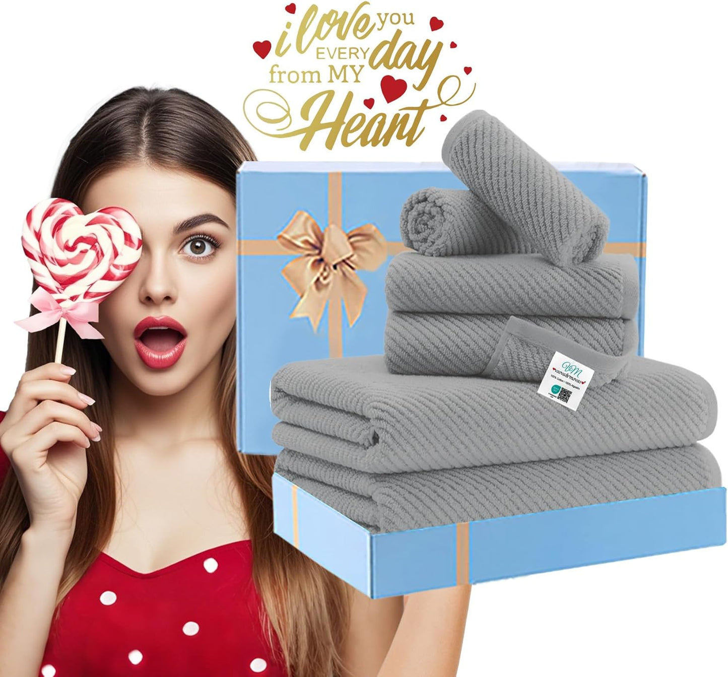 VOOVA & MOVAS Grey Bathroom Towel Sets - 100% Cotton | Lightweight | Quick Dry | Thick | Soft, 6 Piece Towel Set, 2 Large Bath 30"x56", 2 Hand 18"x28", 2 Washcloths 13"x13", Bathroom Essentials, Gray