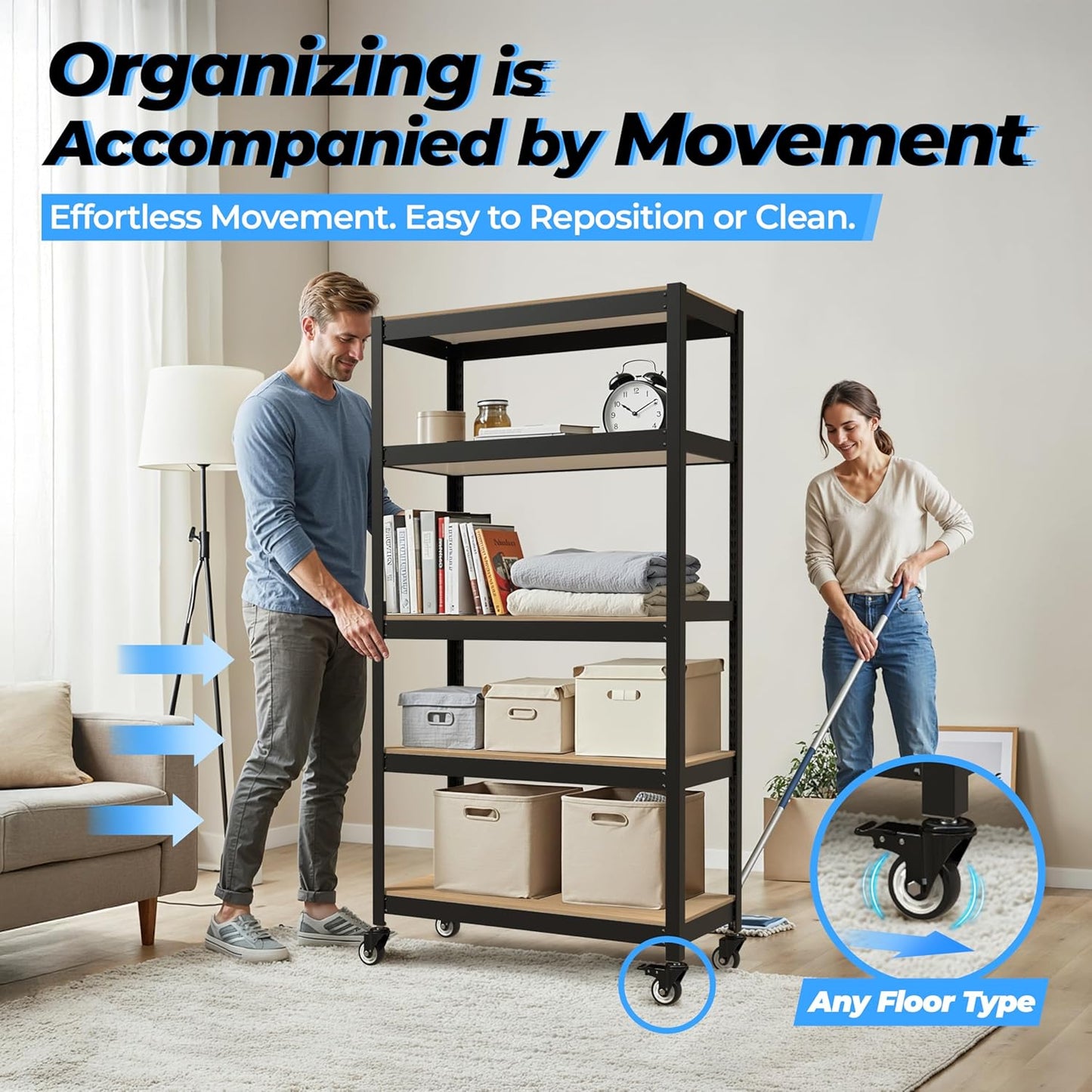 HOMEDANT House 5-Tier Metal Rolling Cart Shelf Rack Casters Heavy Duty Laminated Wheel Shelving Unit Adjustable Utility Storage Shelves Organizer Shelf Kitchen Garage 36.2" W x 16.5" D x 69.5" H 2Pack