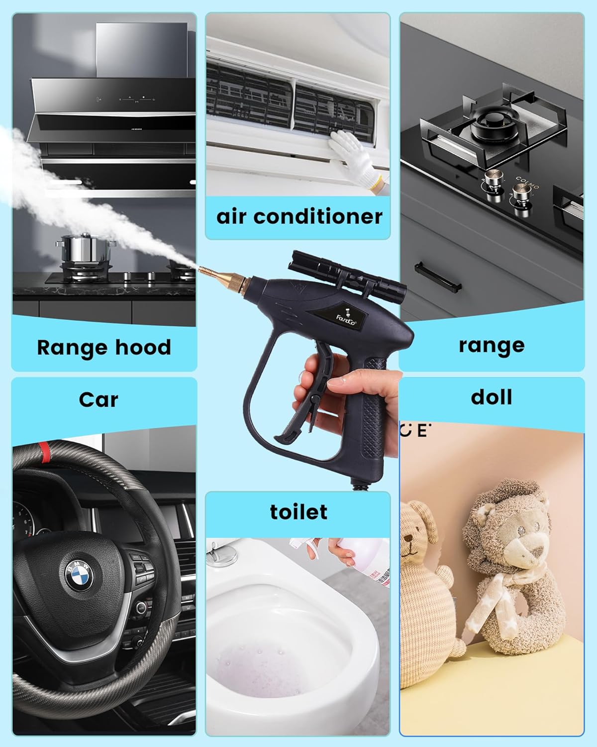 FoundGo 1700W Tankless Handheld Steam Cleaner with 7 Brushes 20s Heating to 239℉ Pressurized Portable Steam Cleaner, Cleaning Home/Kitchen/Car & More-Blue