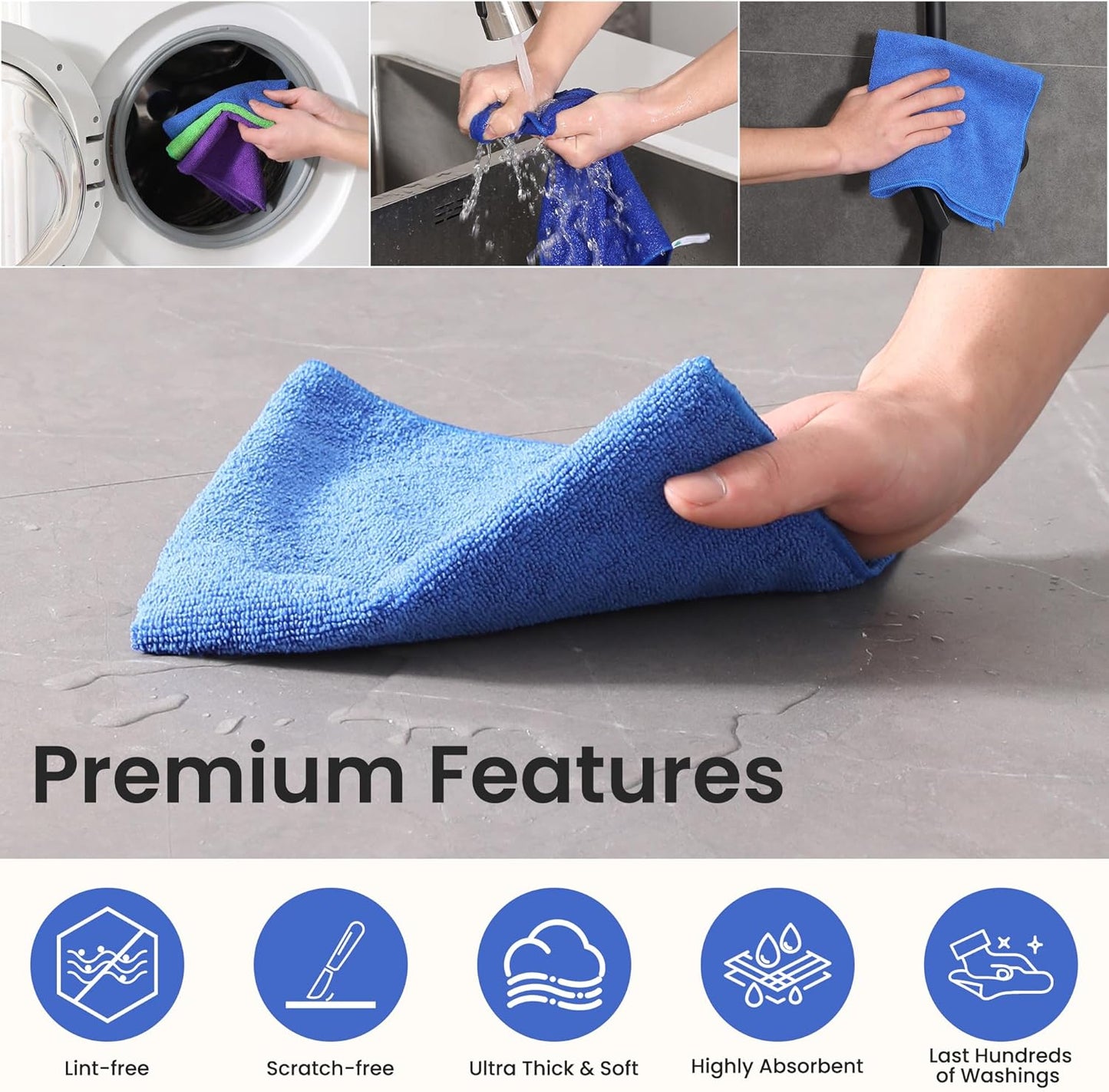 Microfiber Cleaning Cloths-12 Pack,Microfiber Towels for Cars & Kitchen,Highly Absorbent Cleaning Towel,Lint Free Streak Free Rags for House,Window,Purple,Green,Blue(16"x16")