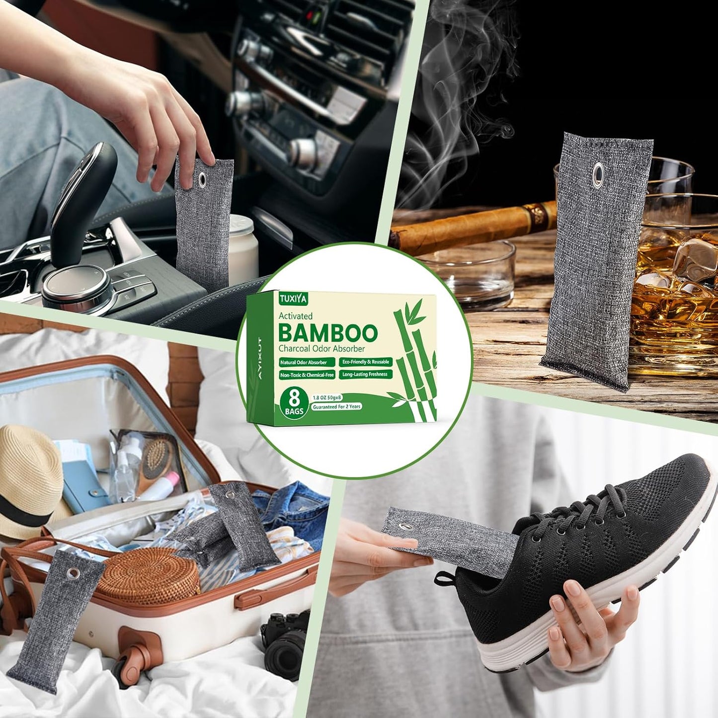 8Pack Activated Charcoal Odor Absorber, Odor Eliminator for Strong 0dor,Shoe Deodorizer,Bamboo Charcoal Air Purifying For in Car,Closet,Shoe, Basement(50g/1.77oz Each)