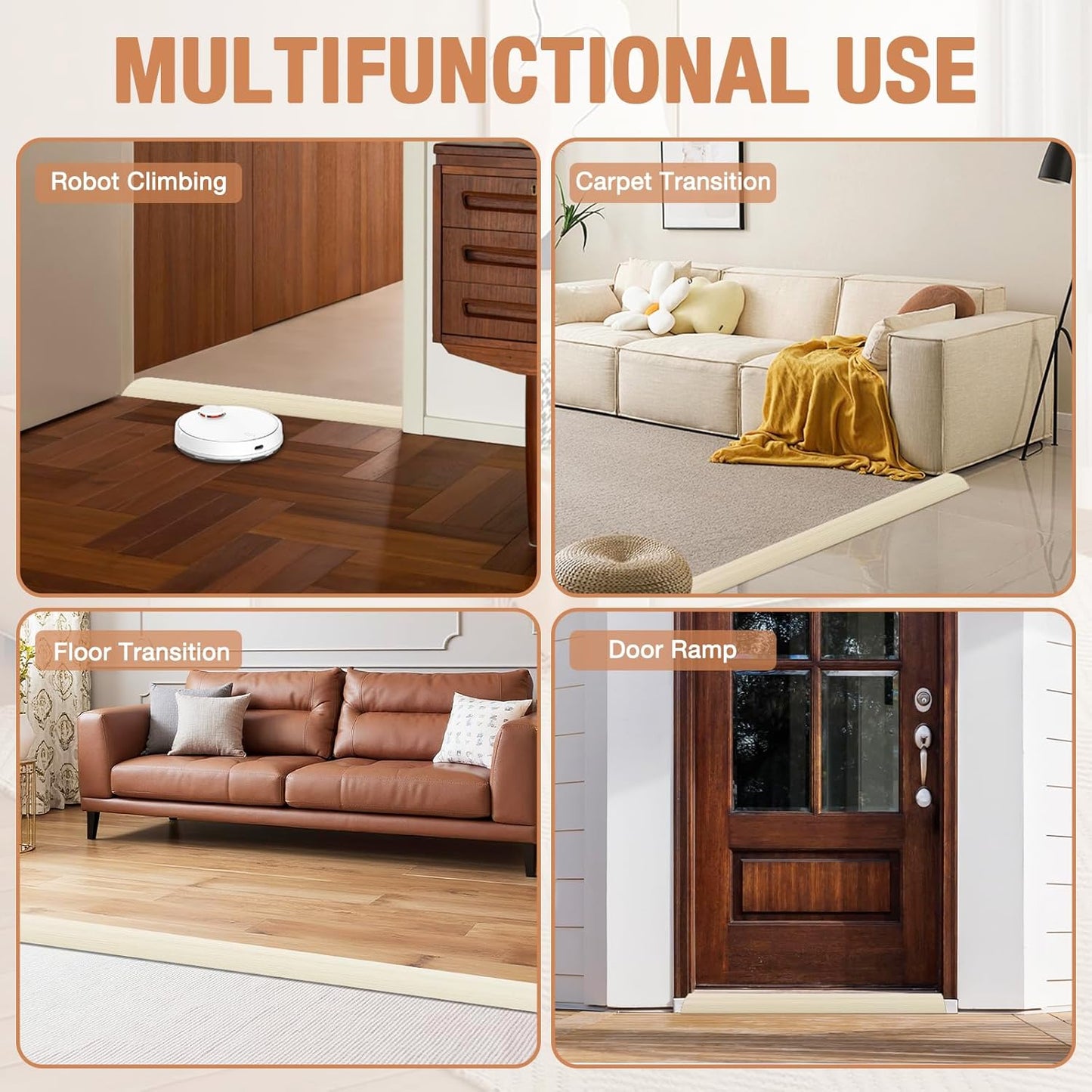 Floor Transition Strip Self Adhesive Vinyl Door Threshold for Doorways Carpet Edging Trim Overlap Edge Reducer for Laminate Floor, Carpet, Tile (Beige Wood Grain, 1/5" to 2/5", 3.3Ft)