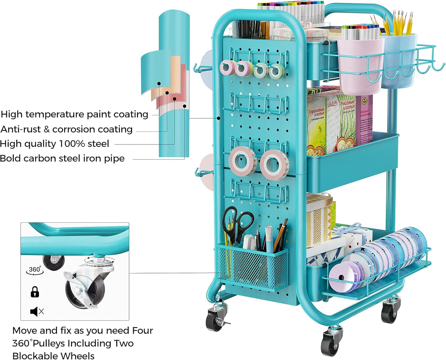 DESIGNA 3-Tier Utility Storage Rolling Cart with Removable Pegboard & Extra Storage Baskets Hooks, Metal Craft Art Carts for Gift Home Office, Teal