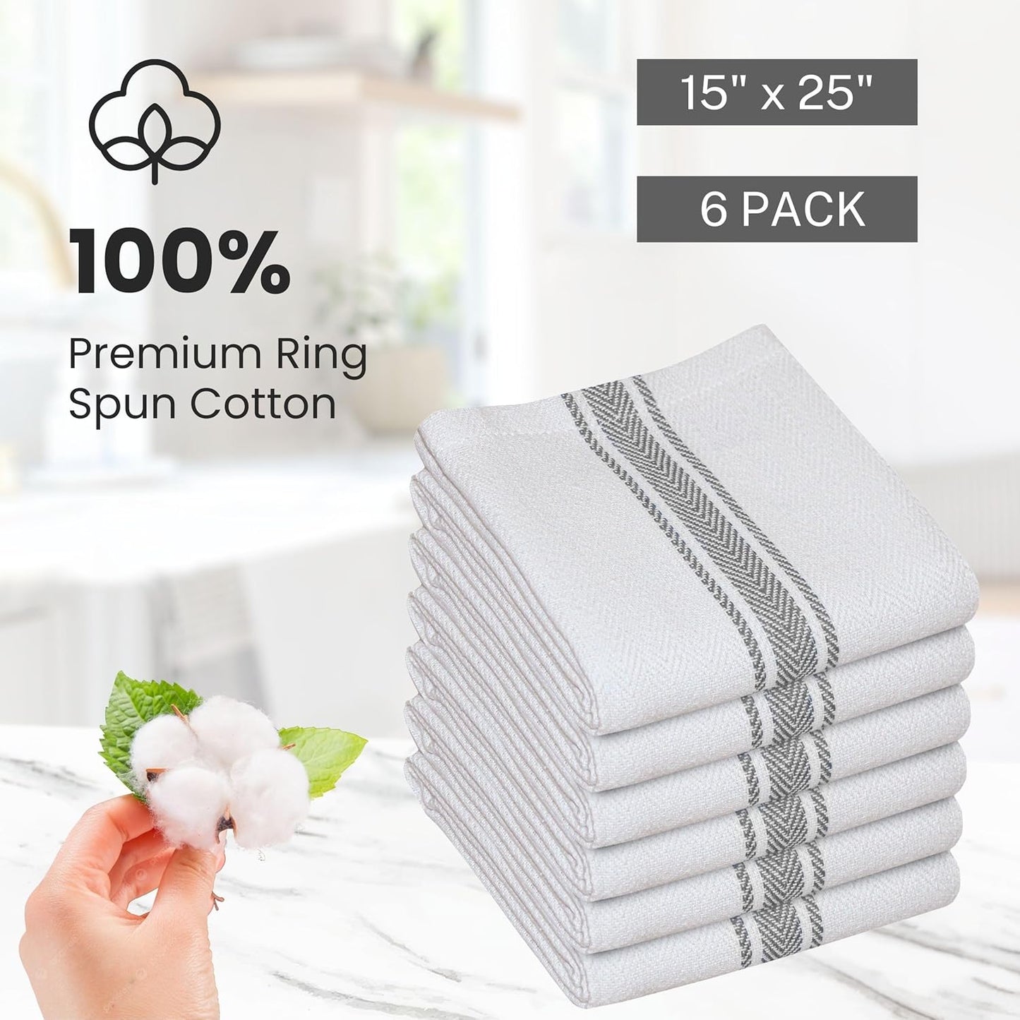 WHITEWRAP Kitchen Dish Towels for Kitchen, Highly Absorbent for Drying and Cleaning, Durable and Soft Tea Towels – 6 Pack, 100% Ring Spun Cotton 15 x 25 Inches – Grey