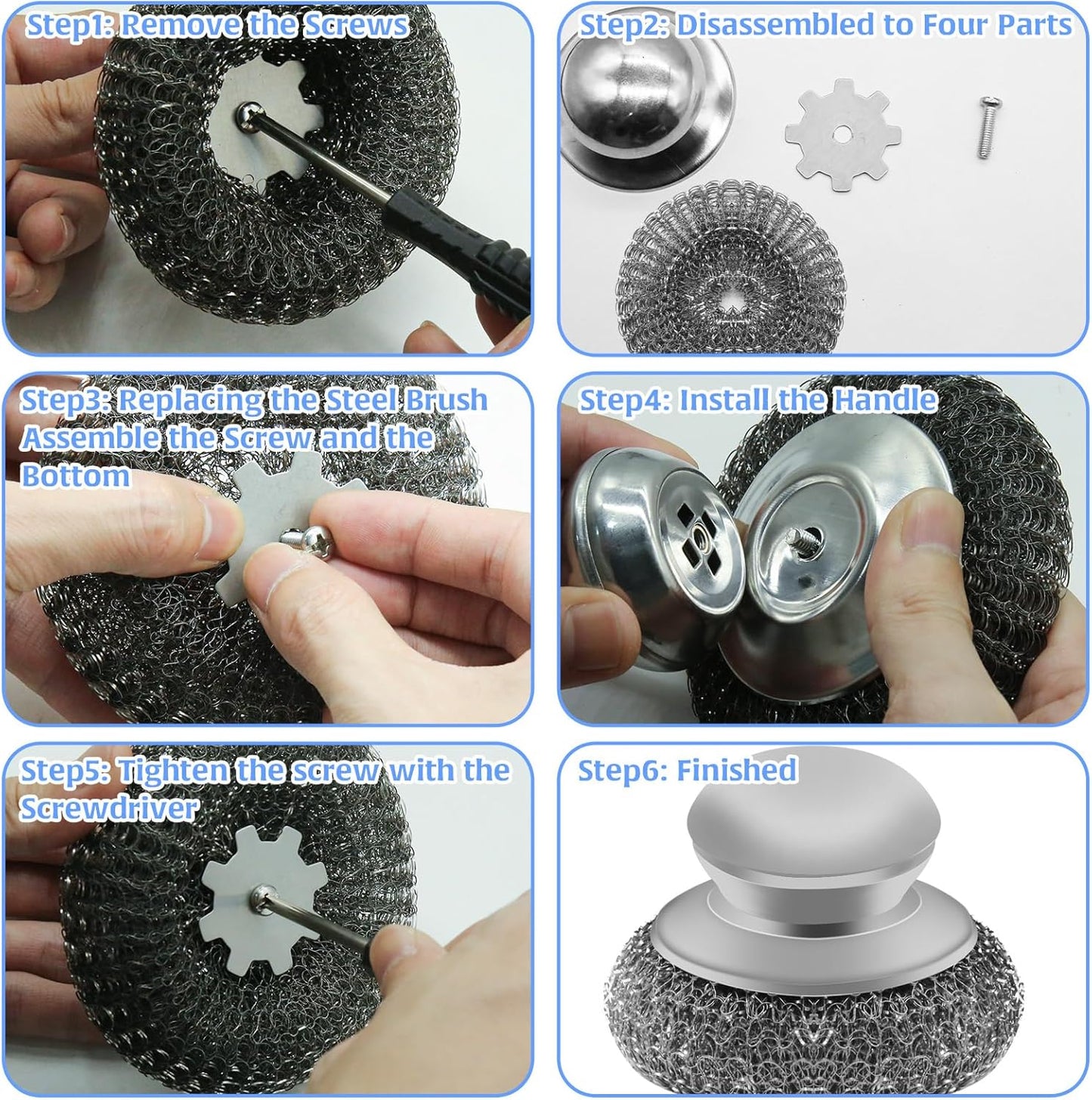 2Pcs Stainless Steel Wool Scrubber Sets, Dish Scrubber with Long Short Handle Stainless Steel Scrubber Cleaning Brush Metal Scrubber with Replacement, Steel Scrubber for Dishes Tableware Home Kitchen