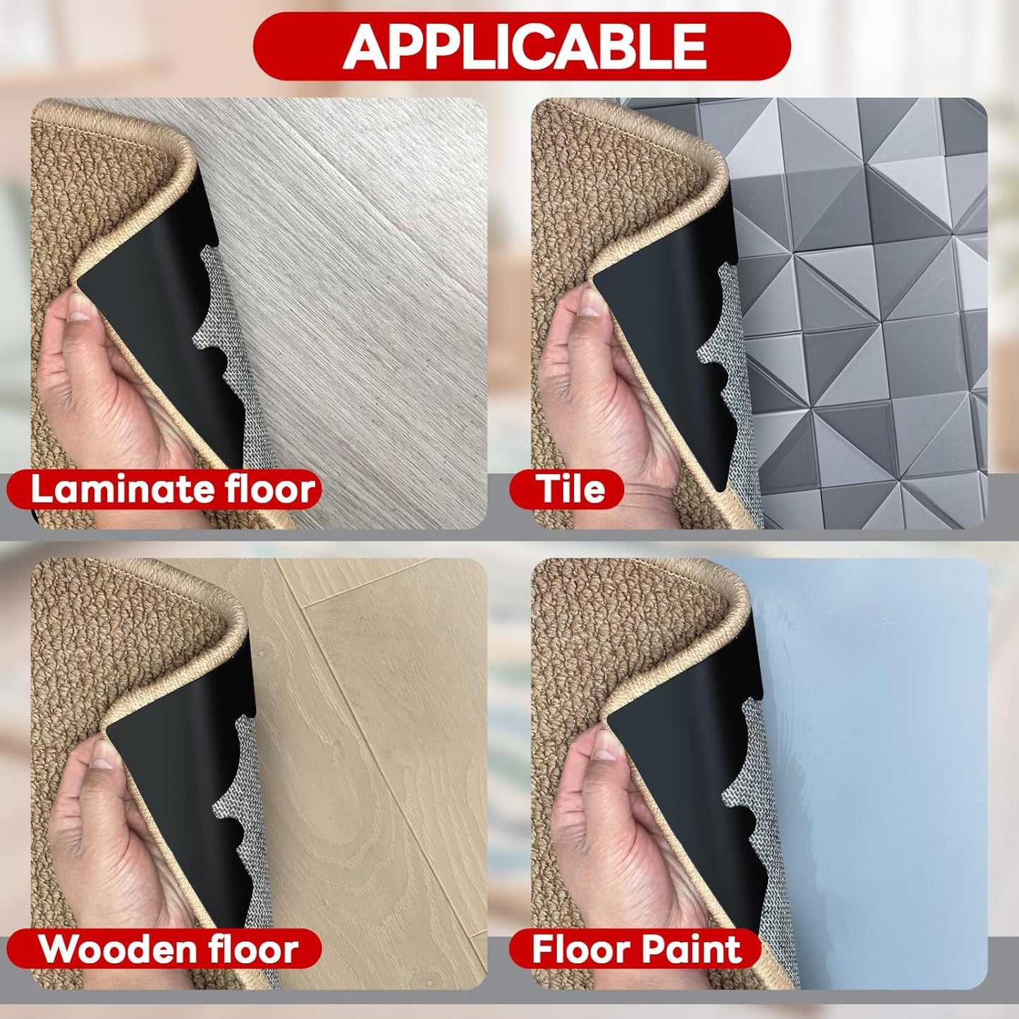 Rug Non Slip Grippers, Reusable Rug Tape Pads for Hardwood Floors, Strong Carpet Gripper for Area Rugs, No Damaging for Floor, 16Pcs