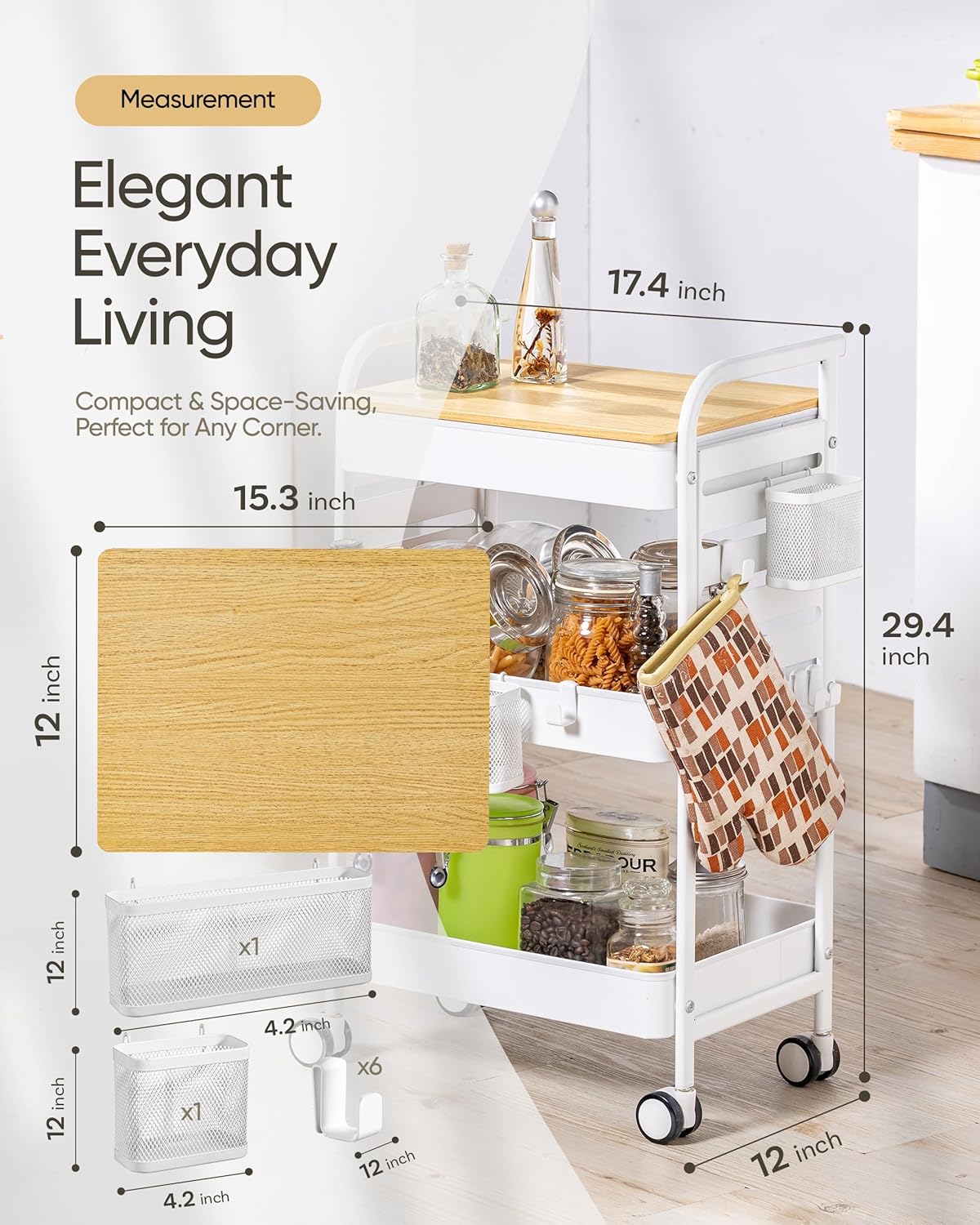 Art Cart with Tabletop & Pegboard - 3-Tier Rolling Utility Cart with Wheels, 2 Baskets & 6 Hooks - Metal Storage Organizer for Home, Office, Crafting & Kids’ Art Supplies (White)