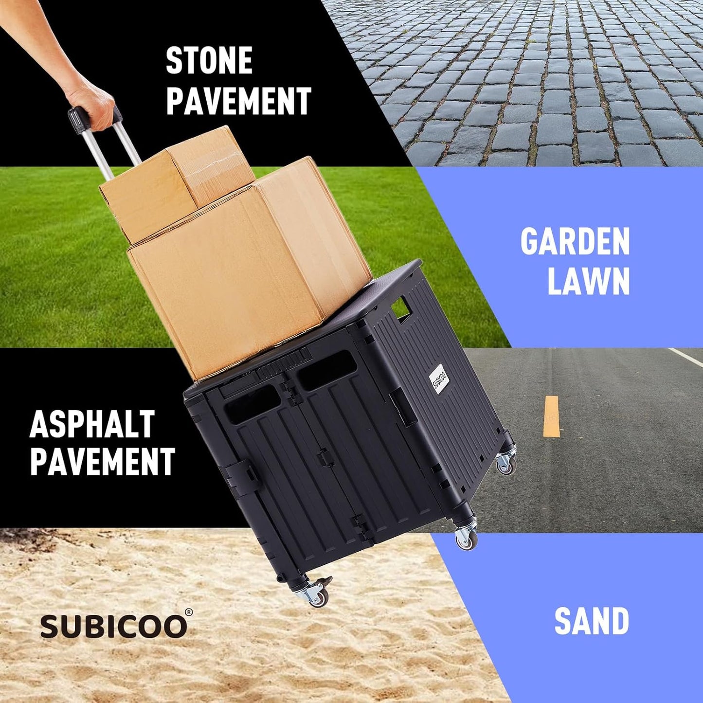 Folding Utility Cart Portable Rolling Crate Handcart Shopping Trolley Collapsible Tool Box, with Lid, on 4 Rotate Wheels, for Grocery, Shopping, Office, Teacher, Camp(Black)