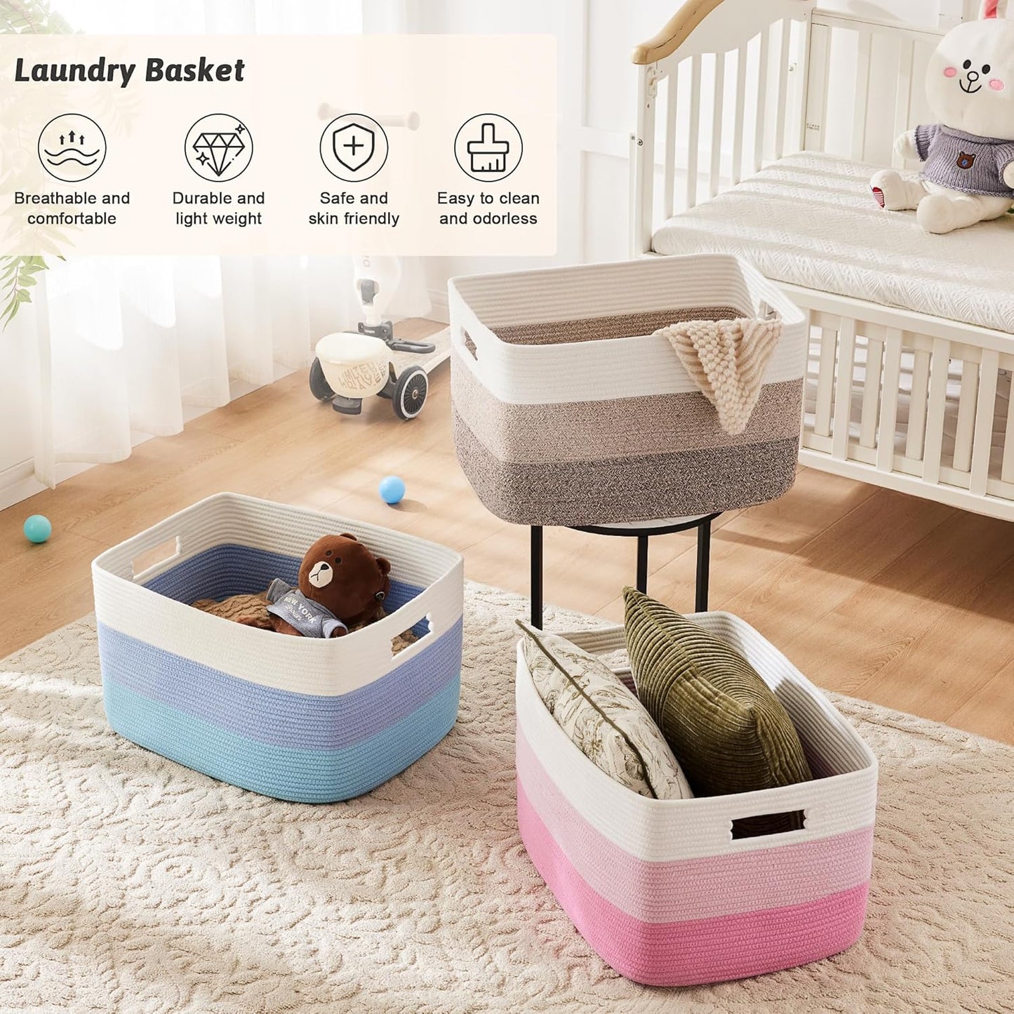 Blanket Basket,Rectangle Woven Baskets for Storage,30L Laundry Basket for Decorative Nursery Blanket,Toys,Dirty Clothes and Magazine in Shelves,Baby Room,and Living Room