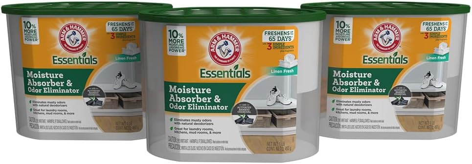 Arm & Hammer Essentials Disposable Moisture Absorber and Odor Eliminator Tub, Linen Fresh, 1 lb., 3-Pack, Attracts and Traps Excess Moisture, Ideal Closet Non-Electric Dehumidifier