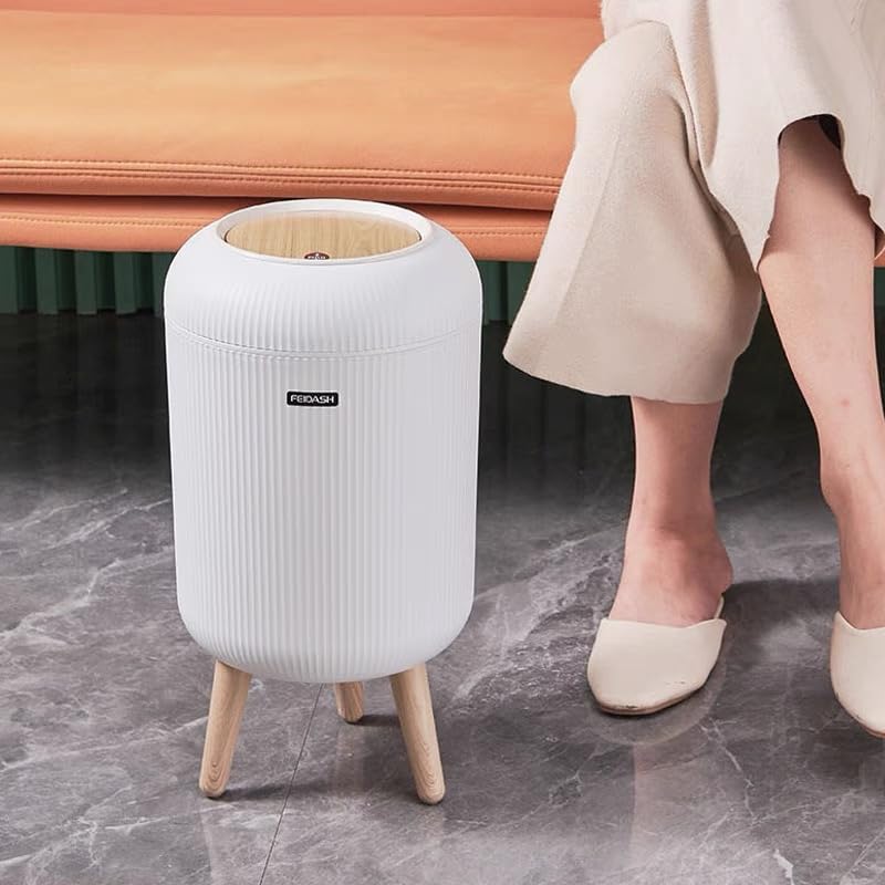 Bedroom Trash Can with Lid,3 Gallon / 11L Garbage Can with Pop-Up Lid, Small Trash Cans Plastic Waste Basket with Removable Legs for Bathroom, Kitchen, Bedroom, Office-White