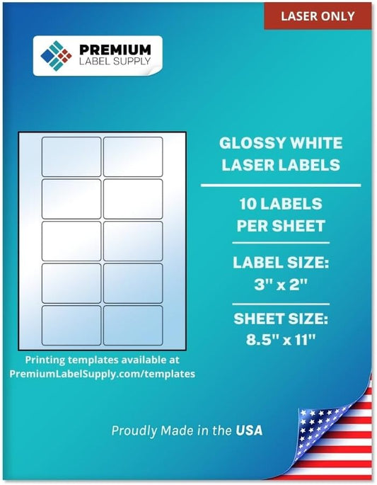 Premium Label Supply Glossy White Sticker Labels – 3" x 2" – (10 per Sheet) (Glossy White for Laser Only, 1,000 Labels)
