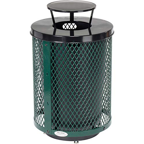 Global Industrial Outdoor Diamond Steel Trash Can with Rain Bonnet Lid, Raised Base and Plastic Liner, 36 Gallon Capacity, Green, Thermoplastic Coating, 23-1/2" Diameter, 43-1/2"H