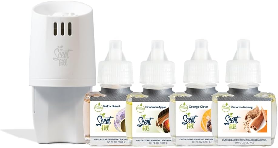 Scent Fill Fall Plug in Air Freshener Kit (Relax Blend, Cinnamon Apple, Orange Clove, Sweet & Spicy Cinnamon Nutmeg), 4 Refills + Diffuser