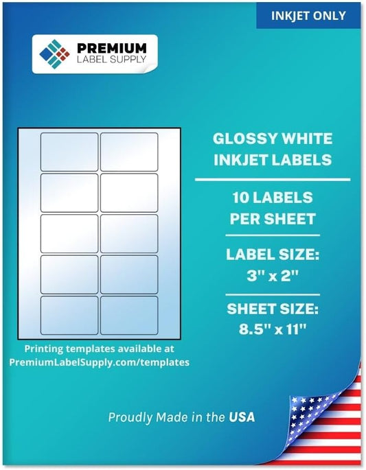 Premium Label Supply Glossy White Sticker Labels – 3" x 2" – (10 per Sheet) (Glossy White for Inkjet Only, 5,000 Labels)