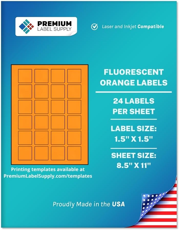 Premium Label Supply Bright Neon Color Fluorescent Sticker Labels - 1.5" x 1.5" Square Labels - (Fluorescent Orange, 12,000 Labels)