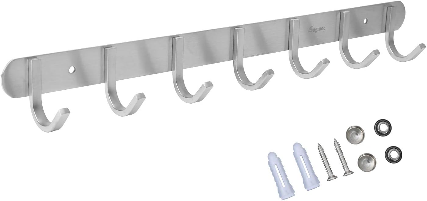 Towel Hook Rack Brushed Nickel 17-Inch Coat Hook Rail Wall Mounted with 7 Hooks, Durable Wall Hangers for Bedroom, Bathroom, Foyer, Hallway (304 Stainless Steel)