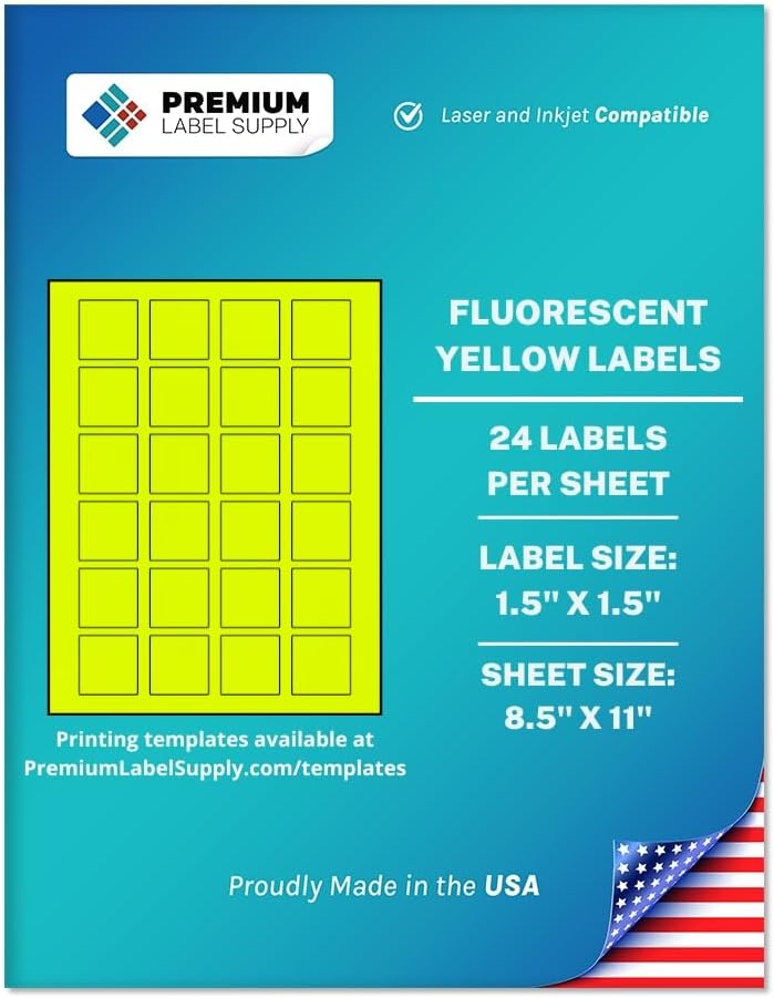 Premium Label Supply Bright Neon Color Fluorescent Sticker Labels - 1.5" x 1.5" Square Labels - (Fluorescent Yellow, 2,400 Labels)