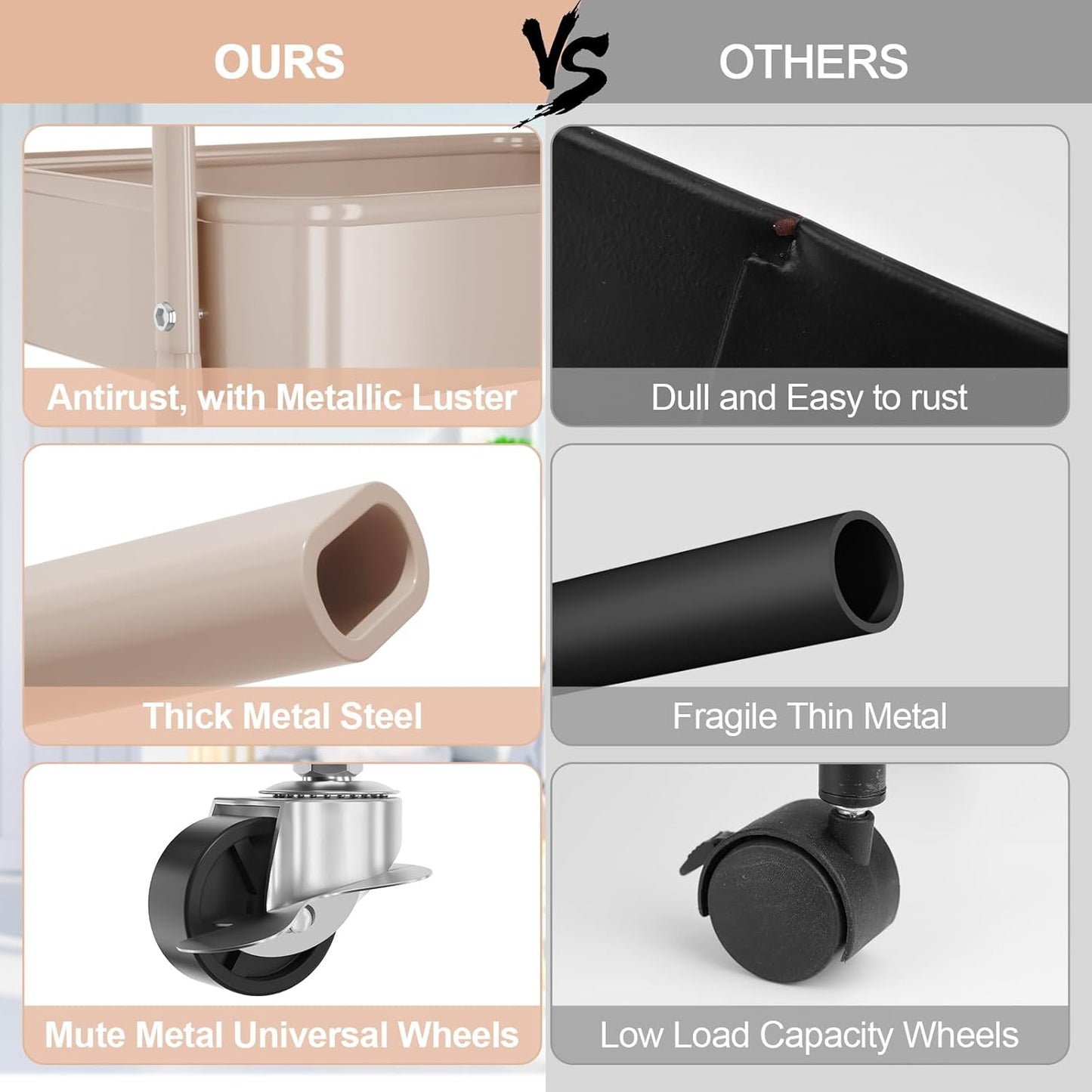 EAGMAK 3 Tier Utility Rolling Cart, Metal Storage Cart with Handle and Lockable Wheels, Multifunctional Storage Organizer Trolley with Mesh Baskets for Kitchen, Living Room, Office, Garage (Beige)