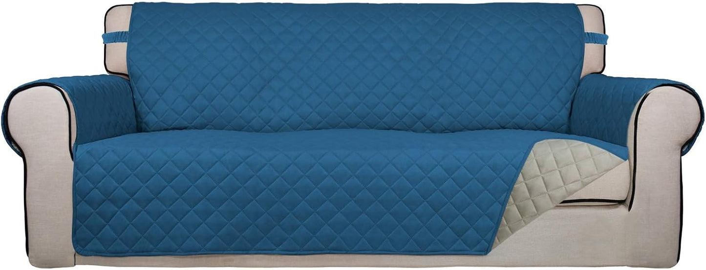 PureFit Reversible Quilted Sofa Cover, Water Resistant Slipcover Furniture Protector, Washable Couch Cover with Non Slip and Elastic Straps for Kids, Pets (Sofa, Peacock Blue/Beige)