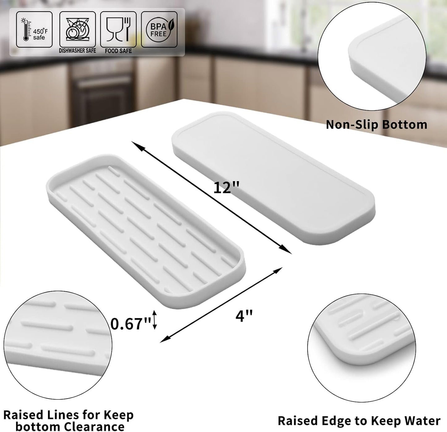 Silicone Kitchen Sink Organizer Tray for Multiple Usage,Eco-Friendly Sponges Holder for Kitchen Bathroom Counter or Sink,Dish Soap Dispenser,Scrubber,Bottle,Cup (White, 12"×4")