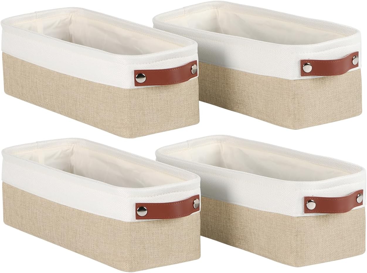 Univivi 4PC Long Narrow Storage Baskets, Small Fabric Storage Bins with PU Handles for Closet,Cabinet,Countertop Organizing Small Items(Khaki-15x6x5 inch)