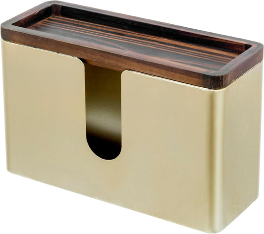 MyGift Deluxe Modern Brass Tone Metal Folded Commercial Paper Towel Holder with Burnt Solid Wood Tray Lid, Wall Mounted Trifold Multifold Z Fold Disposable Napkin Dispenser