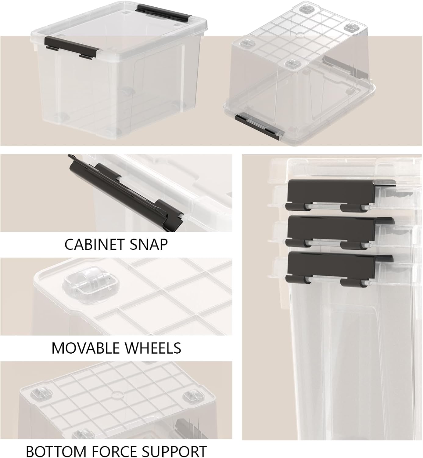 4-Pack 50 Quart Large Clear Storage Box, Plastic Storage Latch Bin
