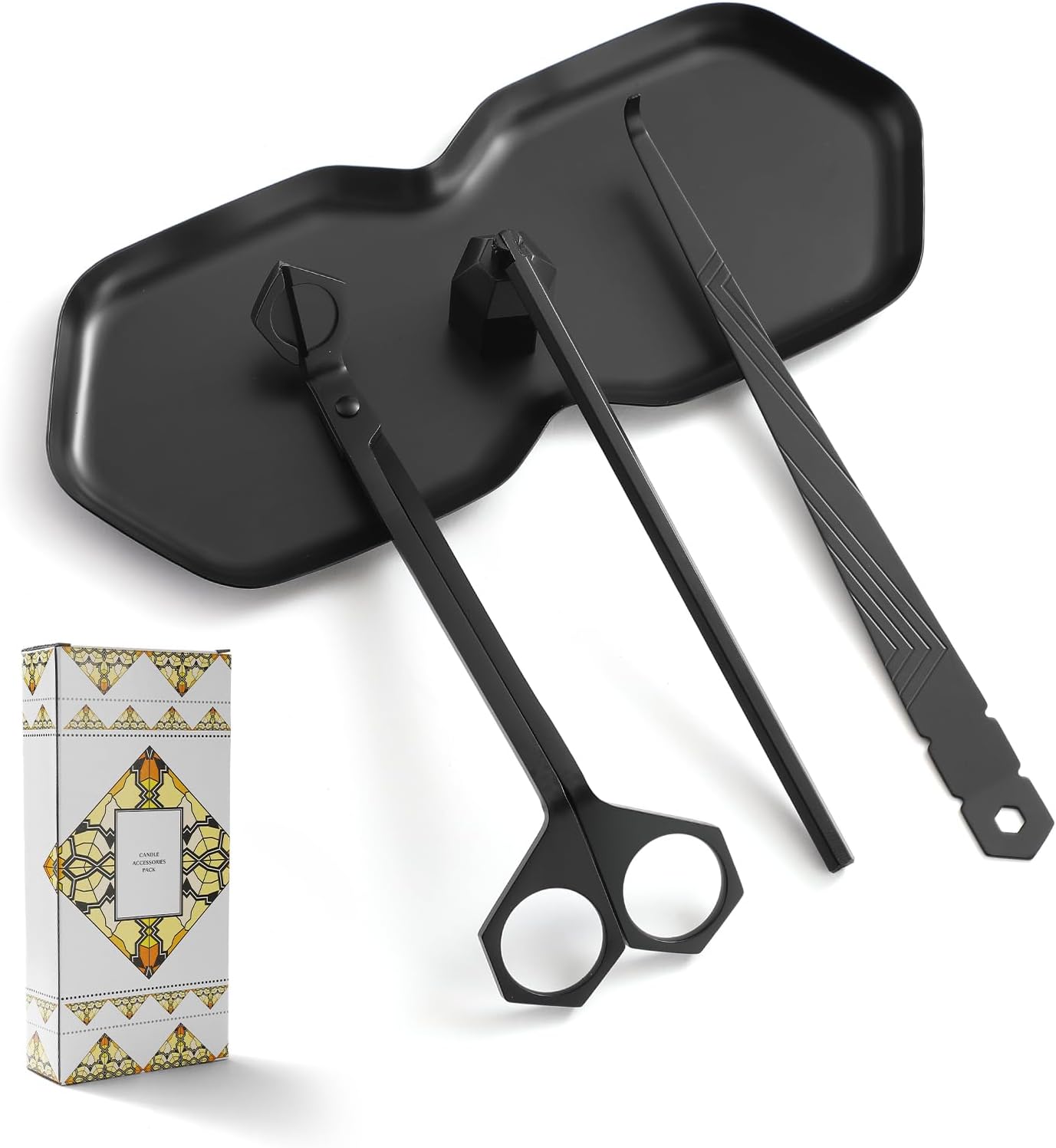 PATOISE 4 in 1 Candle Accessory Set, Wick Trimmer, Candle Snuffer, Wick Scoop,Storage Tray,Perfect for Candle Lovers (Black)