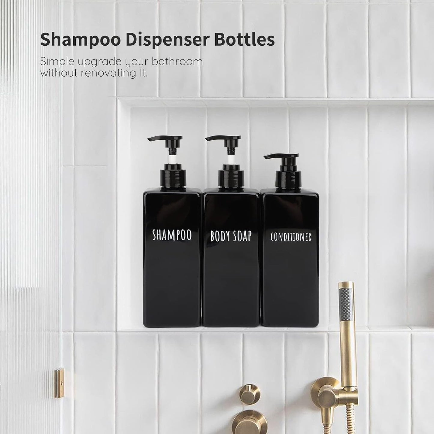 Segbeauty Plastic Square Soap Dispenser Black, 3pcs 16.9oz Refillable Shampoo and Conditioner Bottles, 500ml Empty Reusable Pump Bottle Bathroom Shower Dispenser Set for Body Wash Liquid Gel Lotion