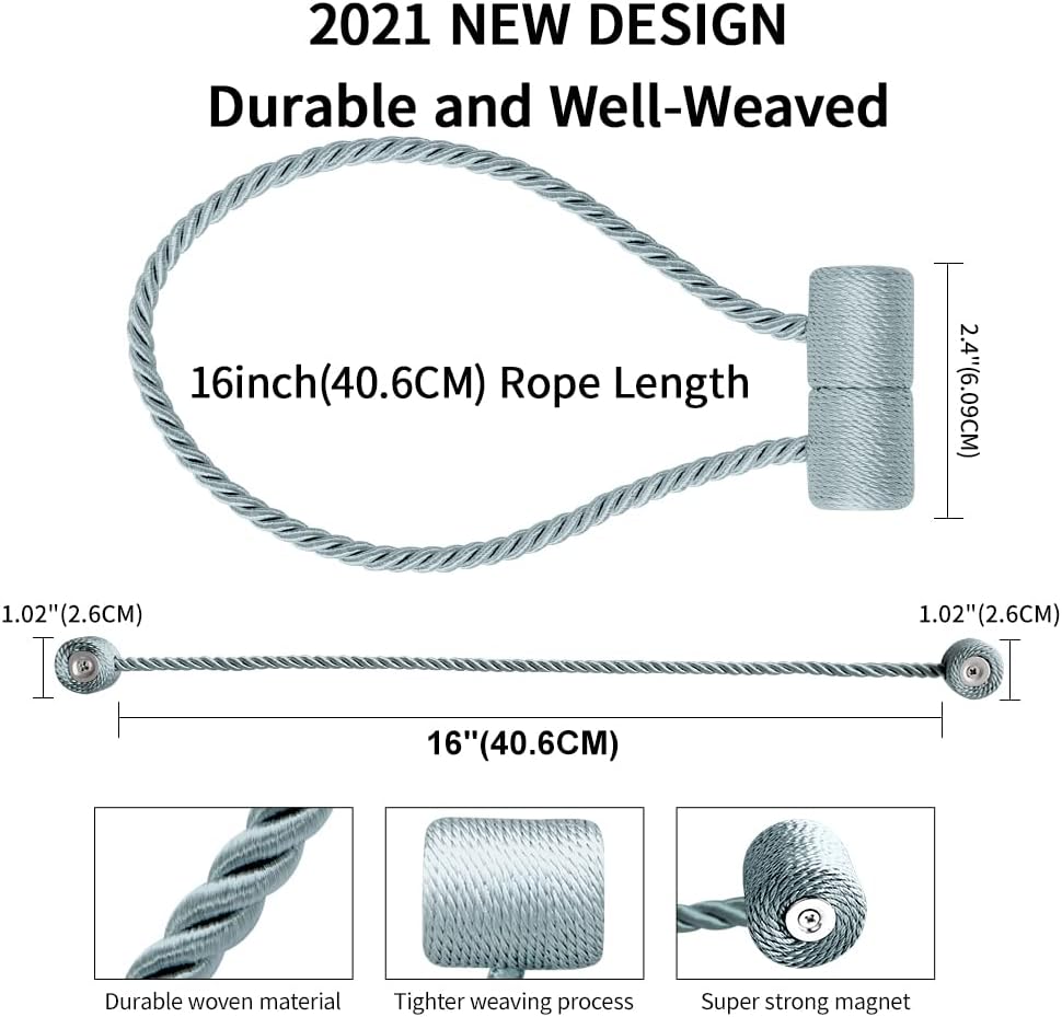 18 Inch Strong Magnetic Curtain Tiebacks, Curtain Holdbacks Modern Upgrade Strong 2021 New Twisted Style Decorative Drapery Rope Tie Backs(2 Pack Grey Blue)